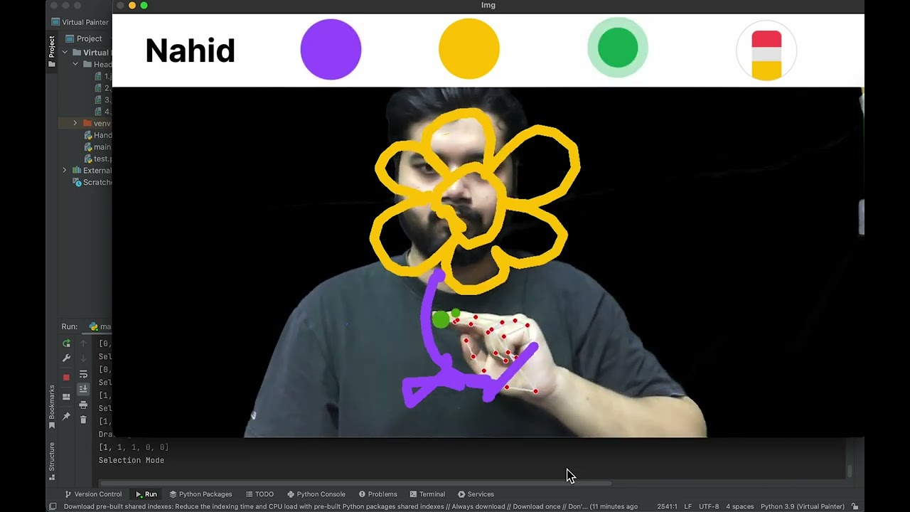 User controlling digital brush using hand tracking in Virtual Painting app